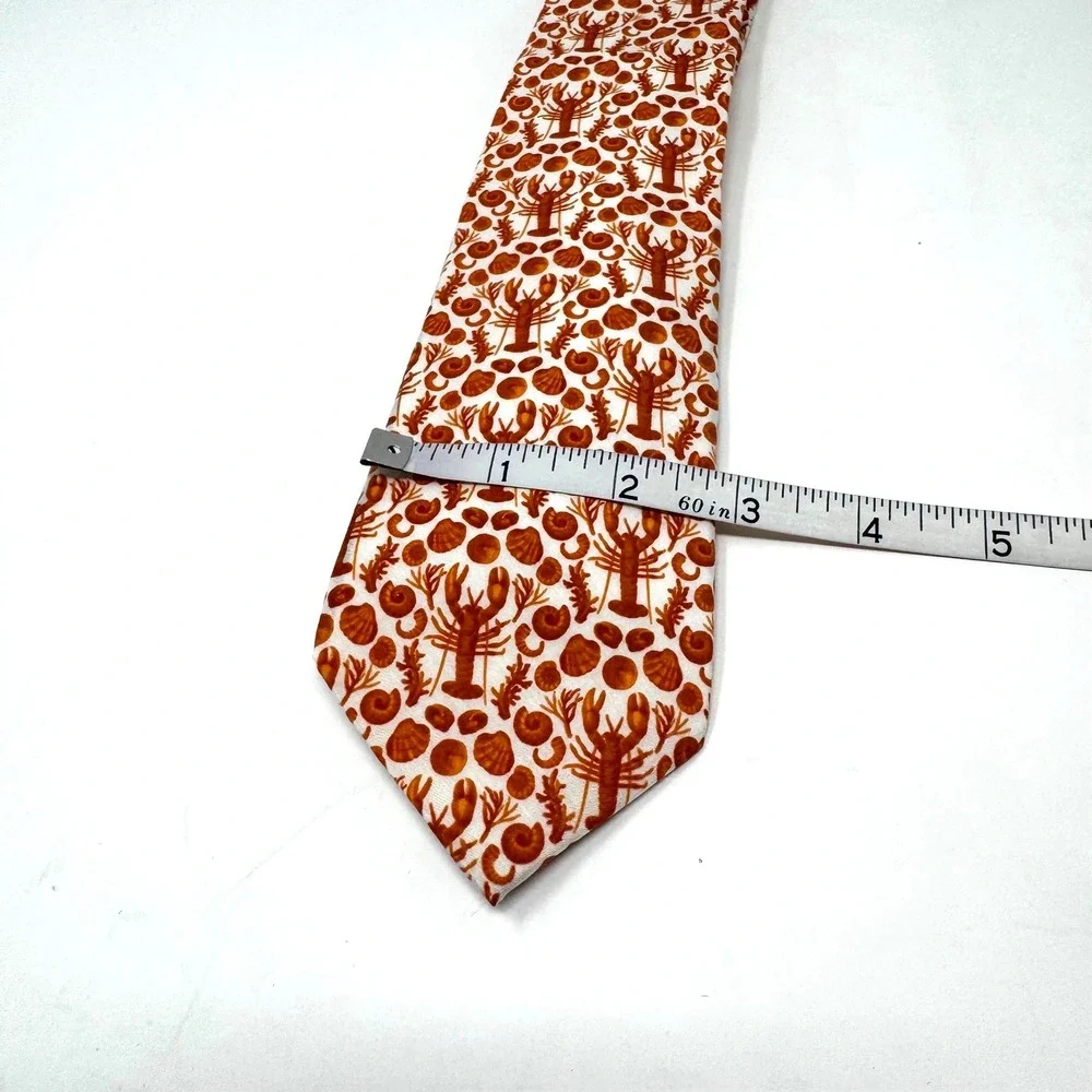 Cole Haan Mens Orange White Lobster Seashell Silk Cotton Blend Nautical Necktie